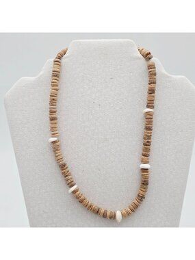 Natural Coconut Shell & White Beaded Necklace With Barrel Clasp 18"
